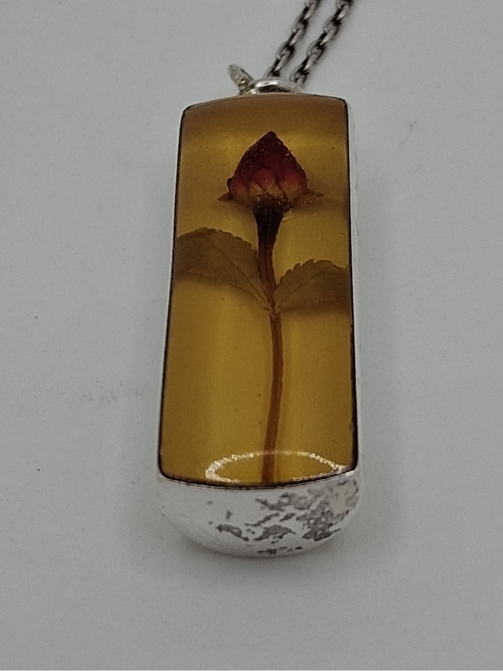 925 Sterling Silver Real Pressed Rose Flower Resin Pendant Necklace 18”
